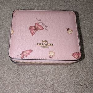 Coach Pink Butterfly Leather Zip Travel Jewelry Case